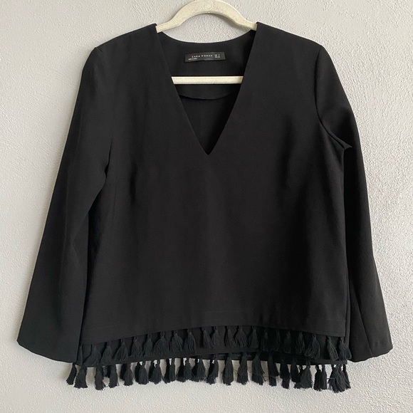 Zara Top Size Small Black V-Neck Long Sleeve Fringe Neutral Office Business Work - Picture 1 of 8